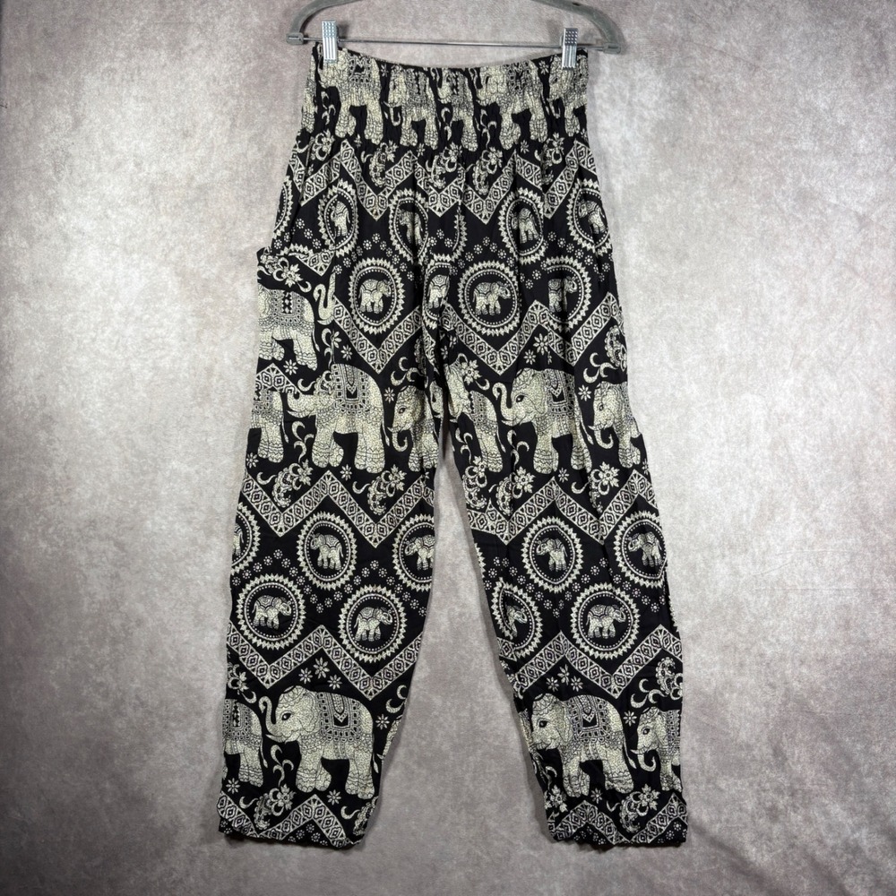 Joob Joob Harem Pants Womens L/XL Black Elephant Print Boho Smocked Waist Hippie